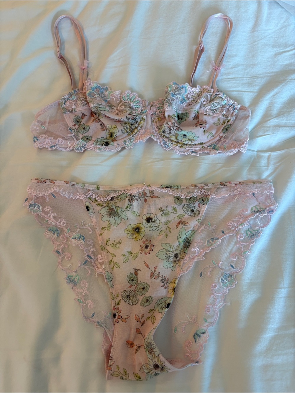 Lise Charmel Delicate Pink Floral Lace Bra & Brief Set 32C and Small